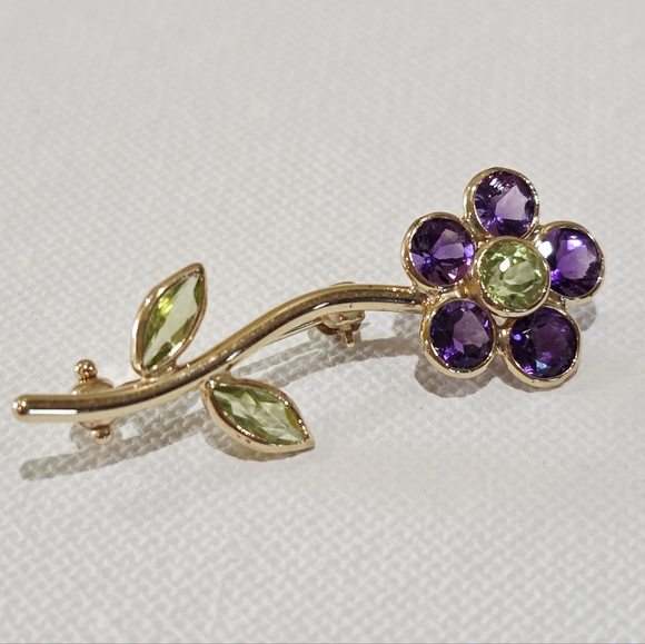 Vintage 14k Yellow Gold Purple Green Gemstones Flower Beautiful Pin Brooch 1.7 g - Picture 5 of 16